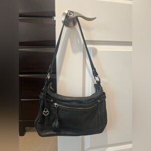 BRIGHTON Black Pebbled Leather Handbag Silver Tone Hardware Tassel Heart in GUC